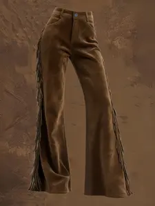 Women's Vintage Western Fringe Velvet Bell Bottoms, Casual Long Pants, 2026 Fashion, Comfortable and Stylish, Perfect for Daily Wear