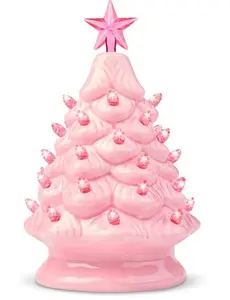 Joiedomi 7" Pink Ceramic Christmas Tree, Mini Prelit Tabletop Christmas Ceramic Tree with Extra Clear Top Star & Bulbs for Holiday Decoration Small Xmas Holiday Best Desk Tabletop Decoration (Pink)
