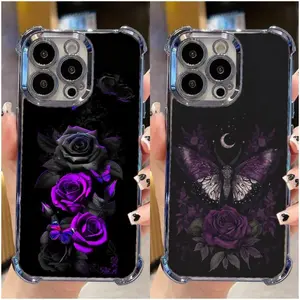 Gothic Purple Rose & Moth Four-Corner Shockproof Phone Case - Edgy Designs For iPhone 17 16 15 14 13 12 11 PRO PLUS MAX E AIR | Protective Cover #IPSJDHD2