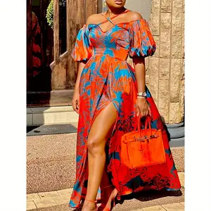 Women's large floral long dress with neck and split short sleeves