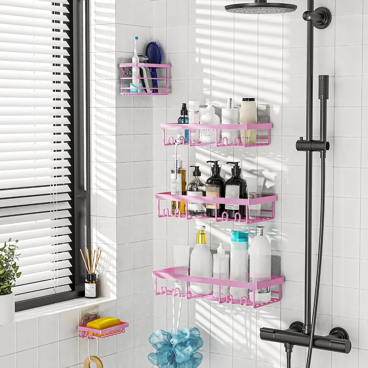 5 Pack Shower Caddy, Large Capacity Wall-Mounted Bathroom Shelf with Rustproof 304 Stainless Steel Shower Organizer Rack, No Drill Installation Suitable for Shower, Bathtub, for inside Shower Storage, Shower Caddies Stick-On Rust-Proof Set rack shelf