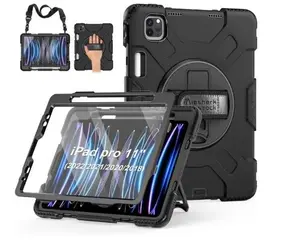 Case for iPad Pro 11 Inch 2022/2021/ 2020/2018: Silicone Cover for iPad 11 Inch 4th/ 3rd/ 2nd/ 1st/ Generation with Screen Protector- Stand- Handle- Shoulder Strap- Pencil Holder- Black