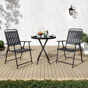 3 Pieces Patio Bistro Set Folding Small Table Chairs Set for 2 Outdoor Bistro Furniture Sets with Glass Coffee Table for Lawn Backyard Balcony Poolside