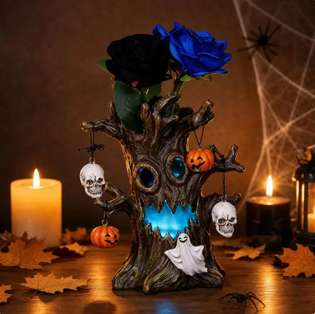 Gothic Halloween Spooky Tree Vase - Blue LED Ghost Face Light, Black & Blue Rose Flowers, Mini Pumpkins, Skull Ornaments,  Statue, Home Tabletop Decoration for Holiday Parties garden decor supply funny sculpture