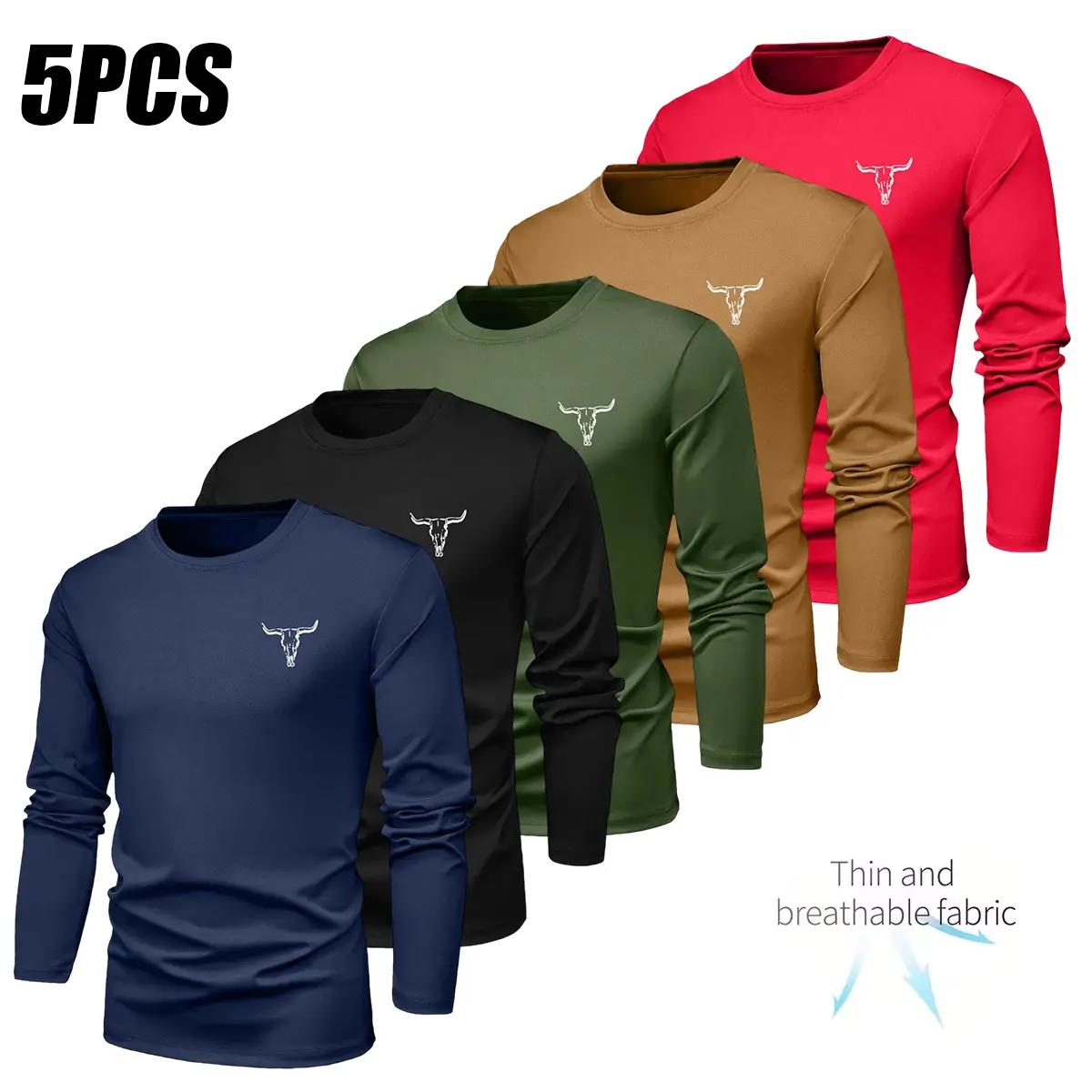 Pack of 5 men’s crew neck long-sleeve T-shirts, stylish street-style breathable tees, casual comfortable tops for spring/summer vacations—men’s clothing ideal as a gift