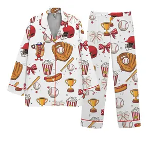 Women's Satin Pajama Set – Baseball Print Sleepwear, Hotdog & Popcorn Loungewear