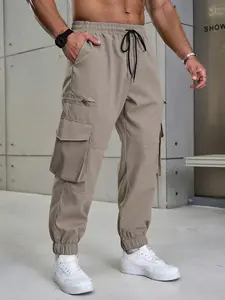 Men's Work Pants, Woven Twill Fabric, Multiple Pockets, Zipper Pockets, Casual Long Pants, Elastic Waist, All Seasons, Adult Clothing