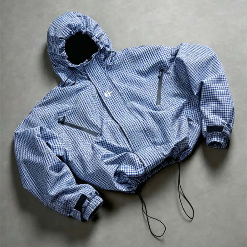 Grid Check Cropped Hooded Windbreaker Unisex Adjustable Cuff Drawstring Hem Zipper Pockets Lightweight Gingham Techwear Outerwear Urban Street Casual Oversized Hood Jacket Breathable Everyday