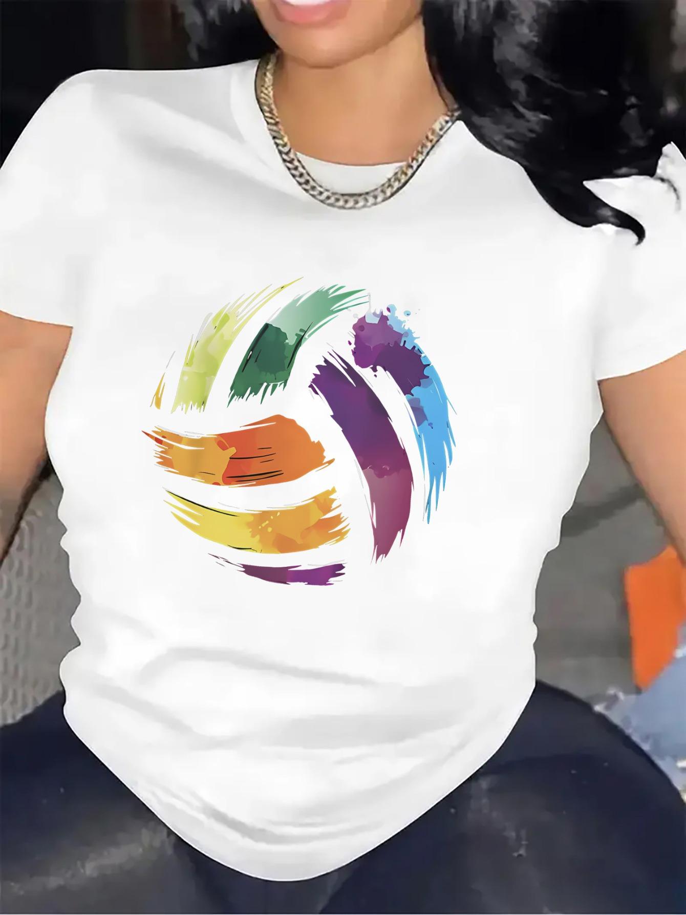 Vibrant Rainbow Volleyball Graphic Women'S Summer Short Sleeve Top - Relaxed Fit Tee for Sports And Casual Wear