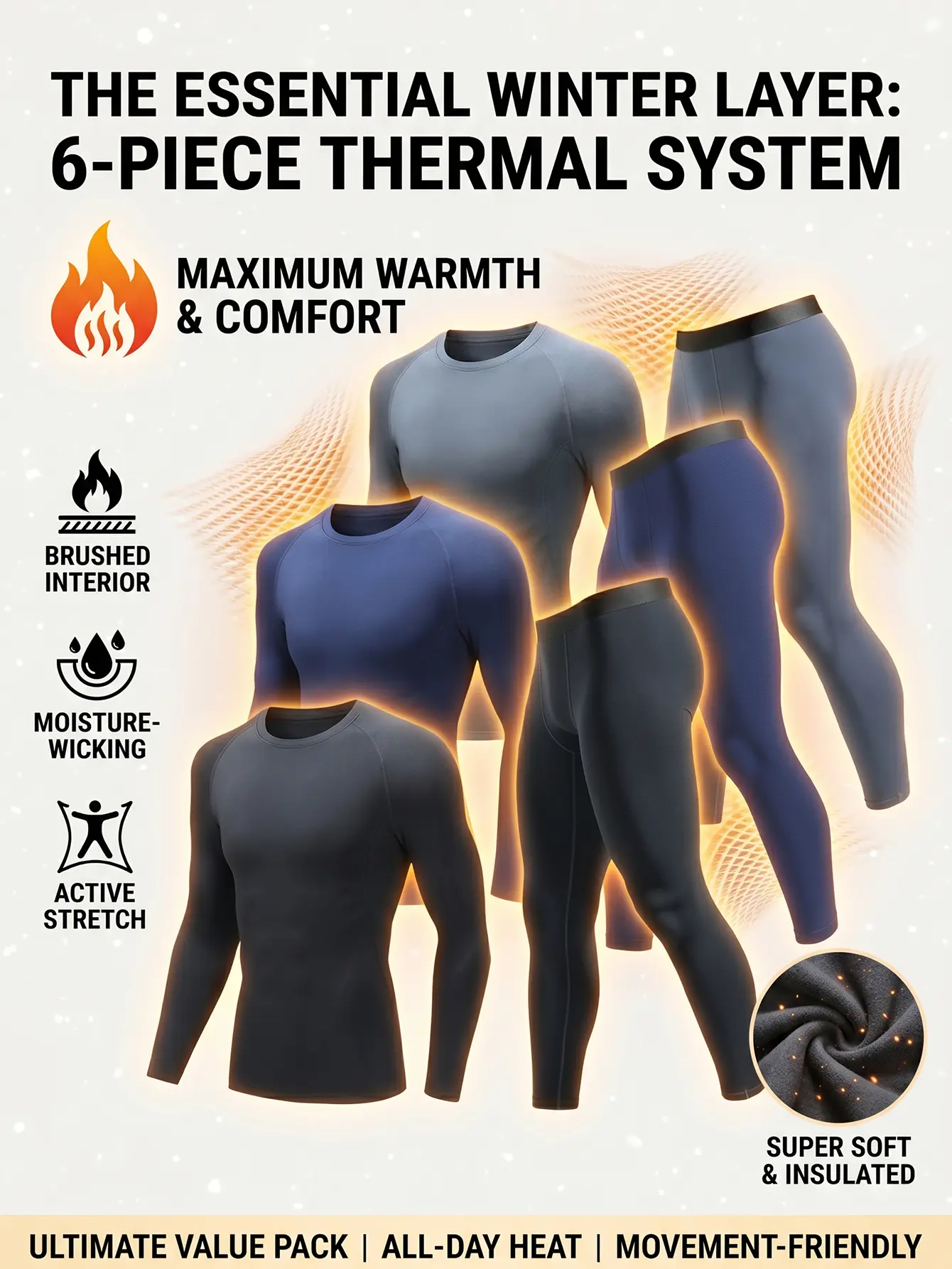 [6-Piece Winter Thermal Set] Moisture-Wicking Thermal Sports Set - Stretch Winter Tights and Top - All-Weather Winter Thermal Gear outdoorfun