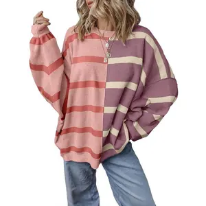 Women’s casual striped oversized sportswear, crewneck long-sleeve knit color-block pullover, loose and lightweight women’s sweater, 2026 fashionable women’s spring set GARMENTARY