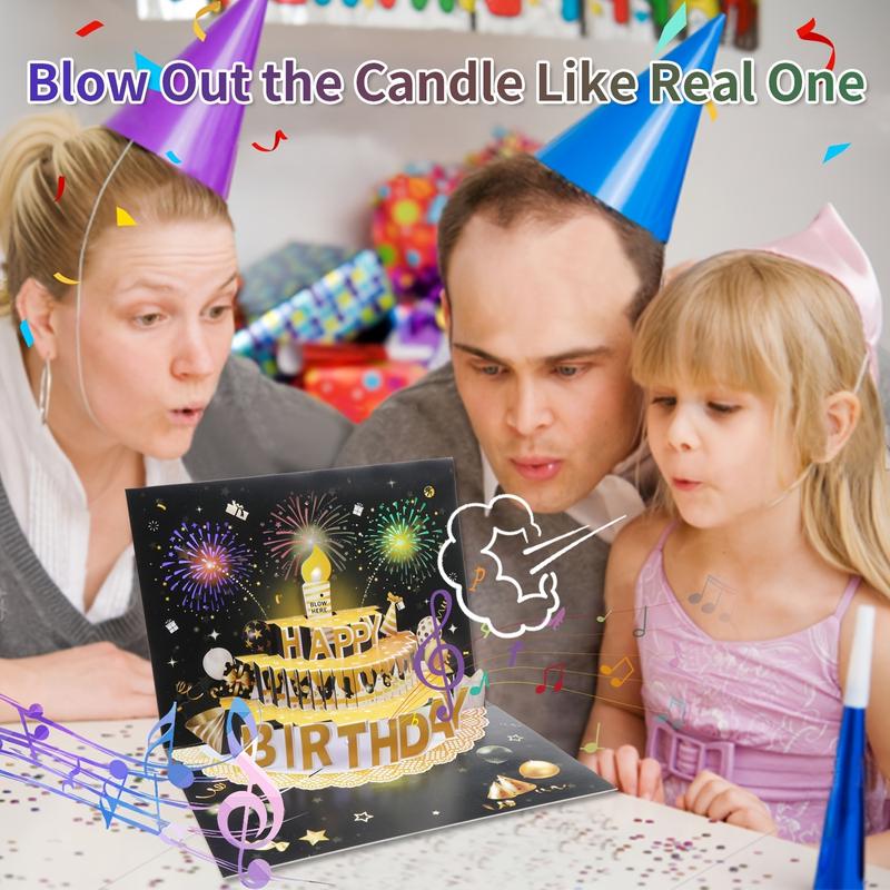 Happy Birthday Pop-Up Card with Blow The Candle, Birthday Cards Fireworks Pop Up Cake LED Light and Music, Singing Happy Birthday Gifts Decorations for Husband, Women, Kids, Son, Her, & Dad