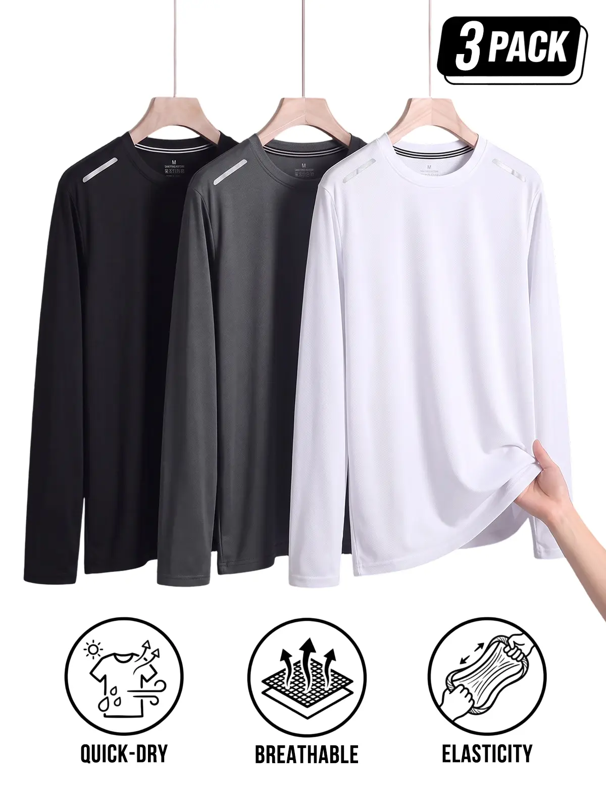 3-PACK Men's Solid Reflective Shoulder Strip Long Sleeve Athletic Shirts, Quick Dry Breathable Stretch Mesh Crew Neck Performance Tops, Clean Fit Minimal Urban Active Tees For Running Gym Hiking Outdoor Daily Multipack