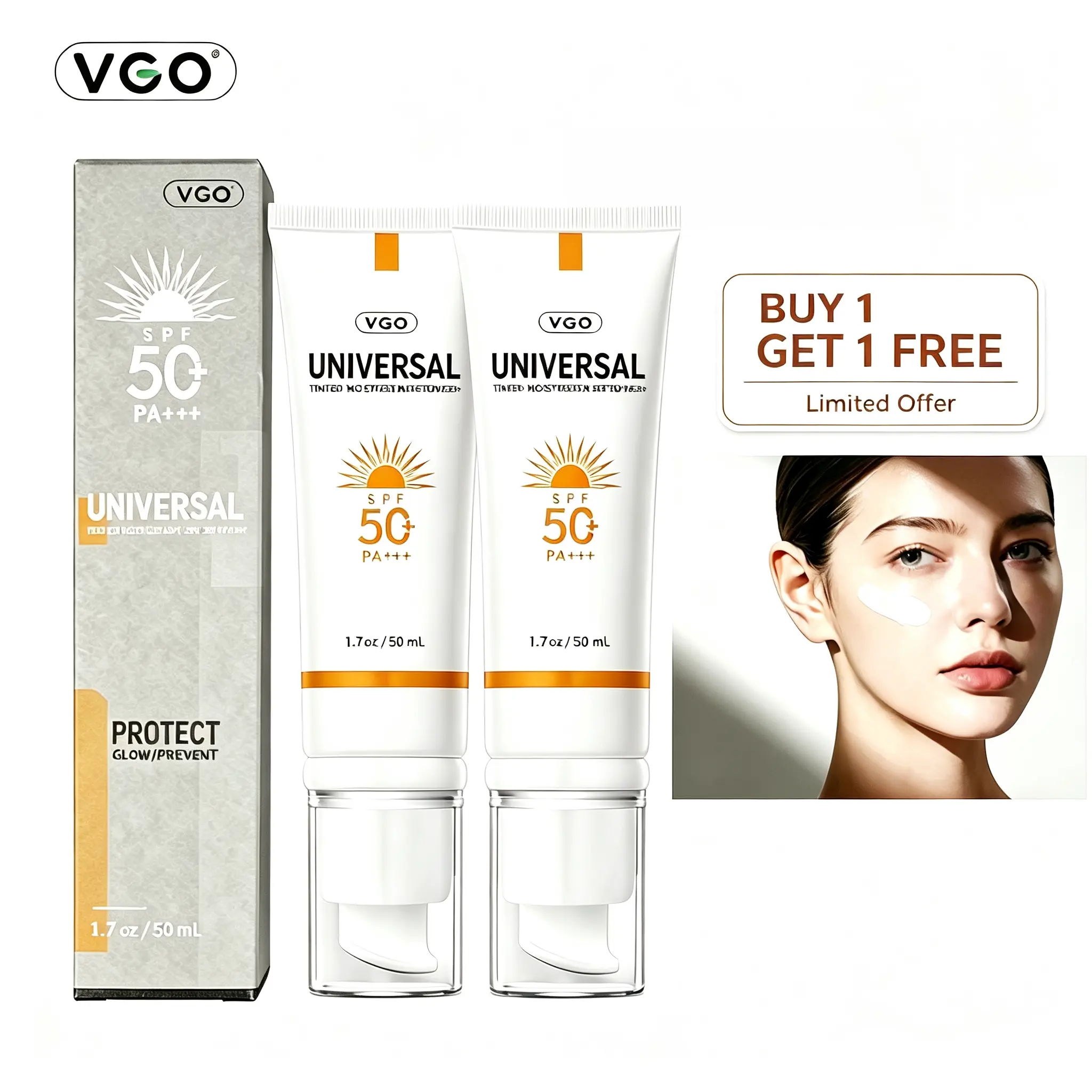 VGO Universal Tinted Moisturizer Sunscreen SPF50+,Lightweight Tinted Sun Cream 50ml,Oil-Free Hydrating Sunblock Moisturizerfor Adult Radiant Skin,Daily UV Protectio'Cream for Facial and Body Skincare,Sun CarProduct,travel essentials