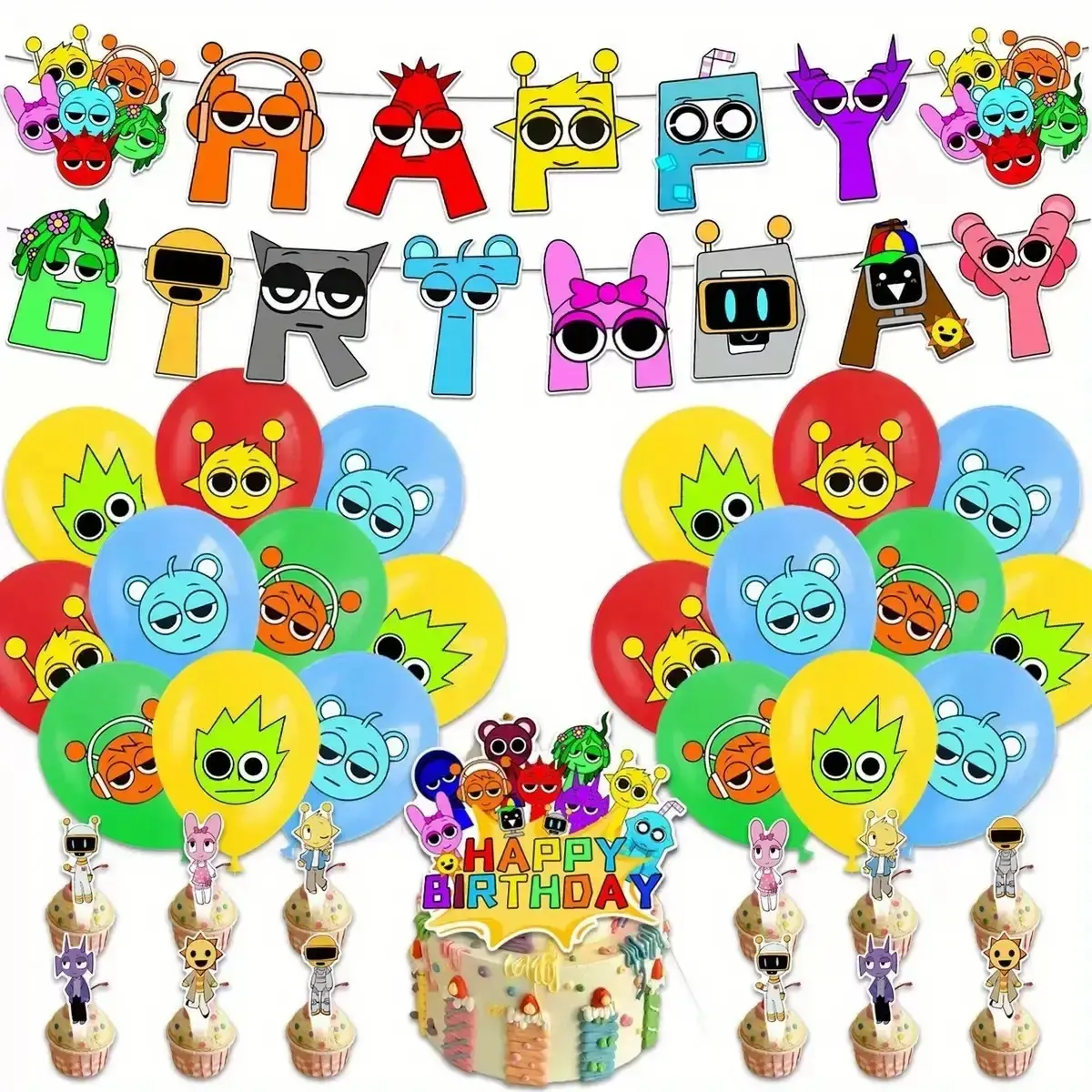 36pcs Plastic Balloon Decorations Kit - Includes Happy Birthday Banner, Cake & Cupcake Toppers, 1/36pcs Sprunki Balloons - No Electricity Needed for Boys and Girls Party Themes (Princess Focus)