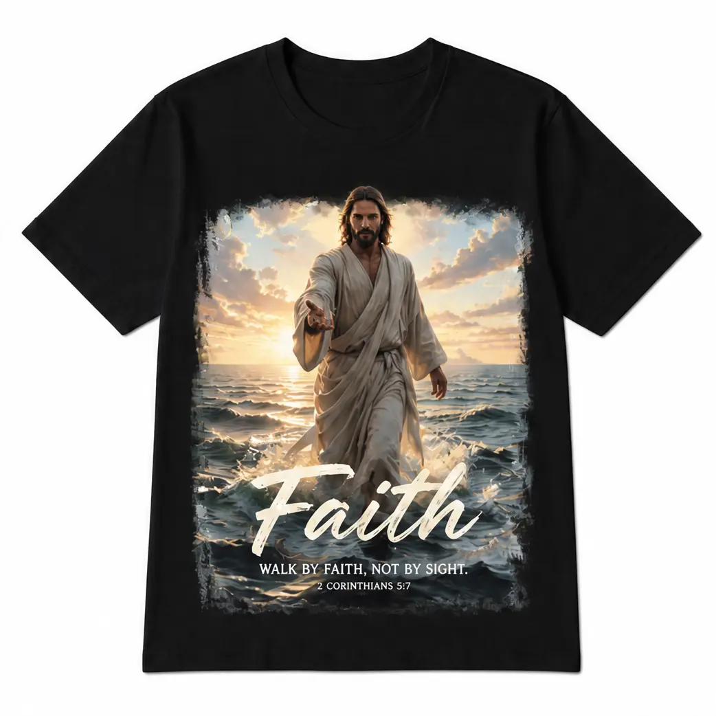 [ 🙏 Sale Up To 50%]Walk By Faith Not By Sight Christian Tee |   2 Corinthians 5:7 Bible Verse Shirt, Jesus Walking on Water Graphic-ZB