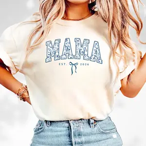 Retro Blue Toile Floral Est 2026 T-Shirt, Coquette Bow Mom Tee, New Mom Graphic Shirt, Mother's Day Gift