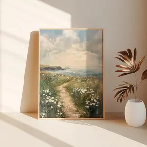Coastal White Wildflower Painting, Summer Vintage Beach Farmhouse Digital Print, Moody Floral Landscape, Flower Field Spring Sea Wall Art