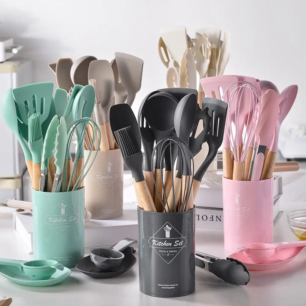 Silicone Kitchen Utensils Set, 14pcs/set Wooden Handle Non-stick Baking Tool Set, Multifunctional Household Kitchen Cooking Accessories Set for Cooking & Baking Silicone Spatula Set, Cooking Tools, Kitchen Tools And Gadgets