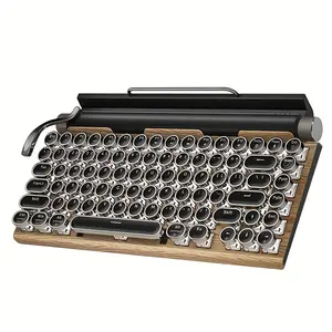 Retro Typewriter Wireless Mechanical Gaming Keyboard, Wireless Office Computer Vintage Keyboards 83-Key Blue Switches Punk Round Keycap, LED Backlight, Compatible With PC/Lap/Pad/Phone
