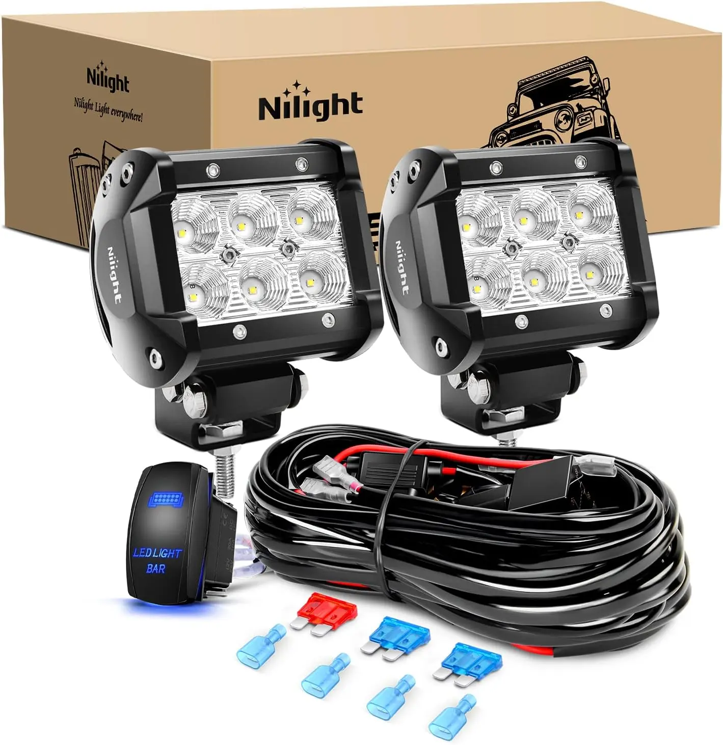 Nilight LED Light Bar Kit - 2PCS 18W Flood LED Work Lights, 12V Voltage Off-Road Compatible, 5Pin Rocker Switch Wiring Harness, Trailer Light Kit, Tow Lights Kit,car accessories