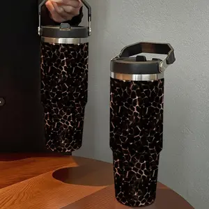 30oz Insulated Cup with Straw, Meteorite Leopard Print, Dual Use for Cold and Hot, Perfect for Sports, Office, and Home Gift