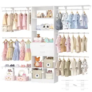 Closet System - 4.75-8FT Closet Organizer System with Wooden Drawers & Cube Storage Organizer, Up To 96" Closet Systems for Nursery & Walk-In Closets with Cuttable Hanging Shelving