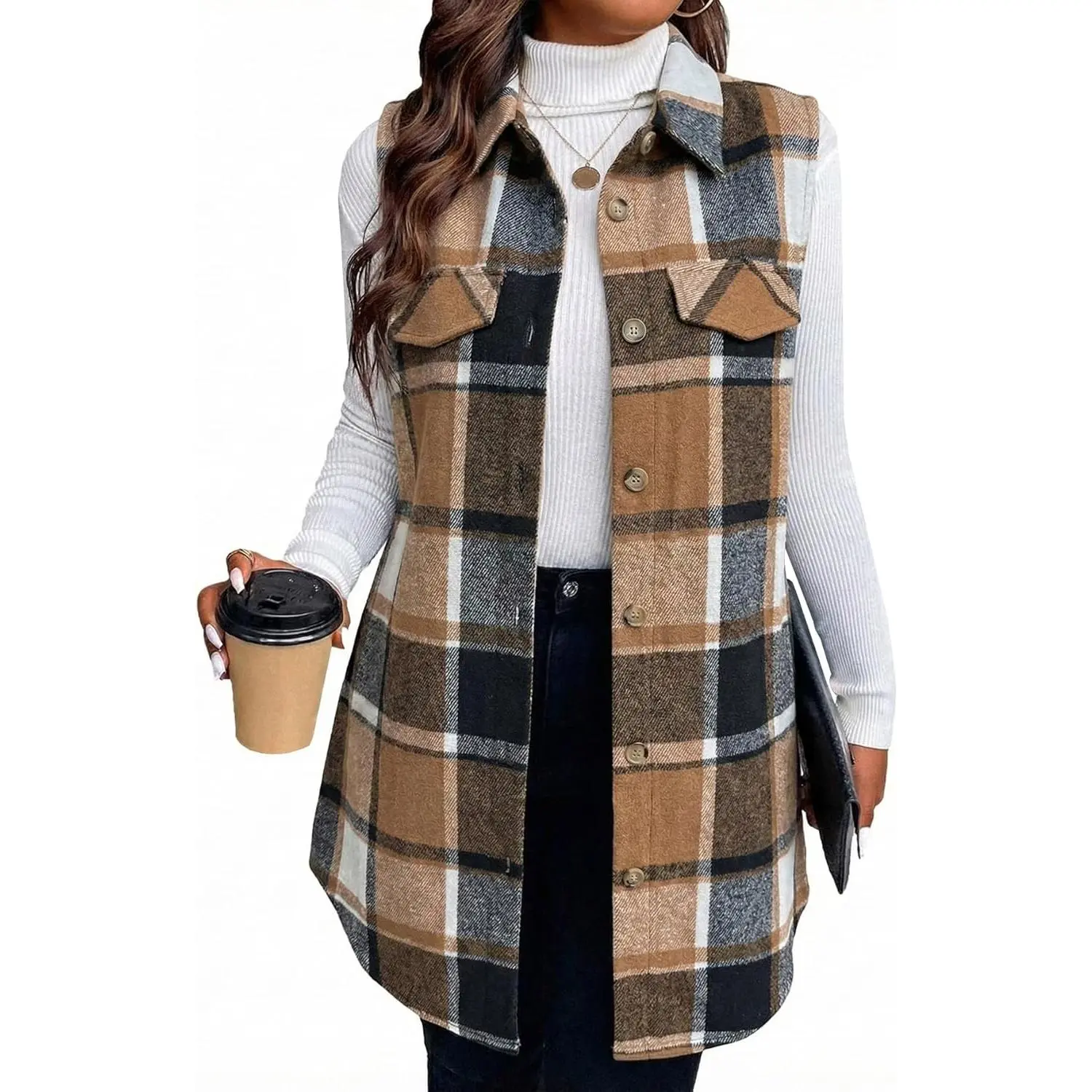 MINA SELF Women's Plaid Flannel Vest, Casual Loose-Fitting Button-Down V-Neck Top, Cozy Sleeveless Layering Outwear for Fall with Pockets, Checkered, Standard Us Sizes