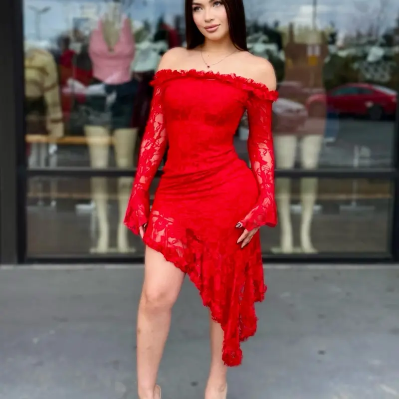 Off Shoulder Lace Midi Dress with Asymmetrical Hem and Long Sleeves for  Women - TikTok Shop