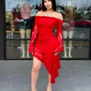 Off Shoulder Lace Midi Dress with Asymmetrical Hem and Long Sleeves for Women