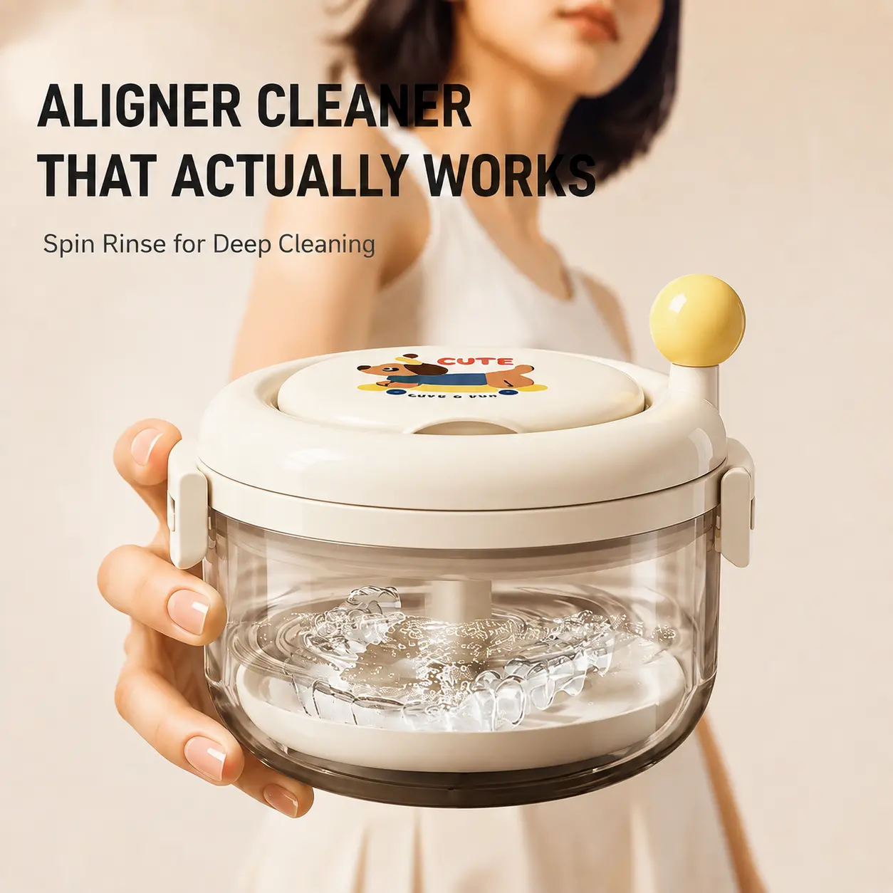 【NEW】360° Manual Vortex Orthodontic Retainer Cleaner Case | Cute Cartoon Aligner Storage Box with Built-in Mirror