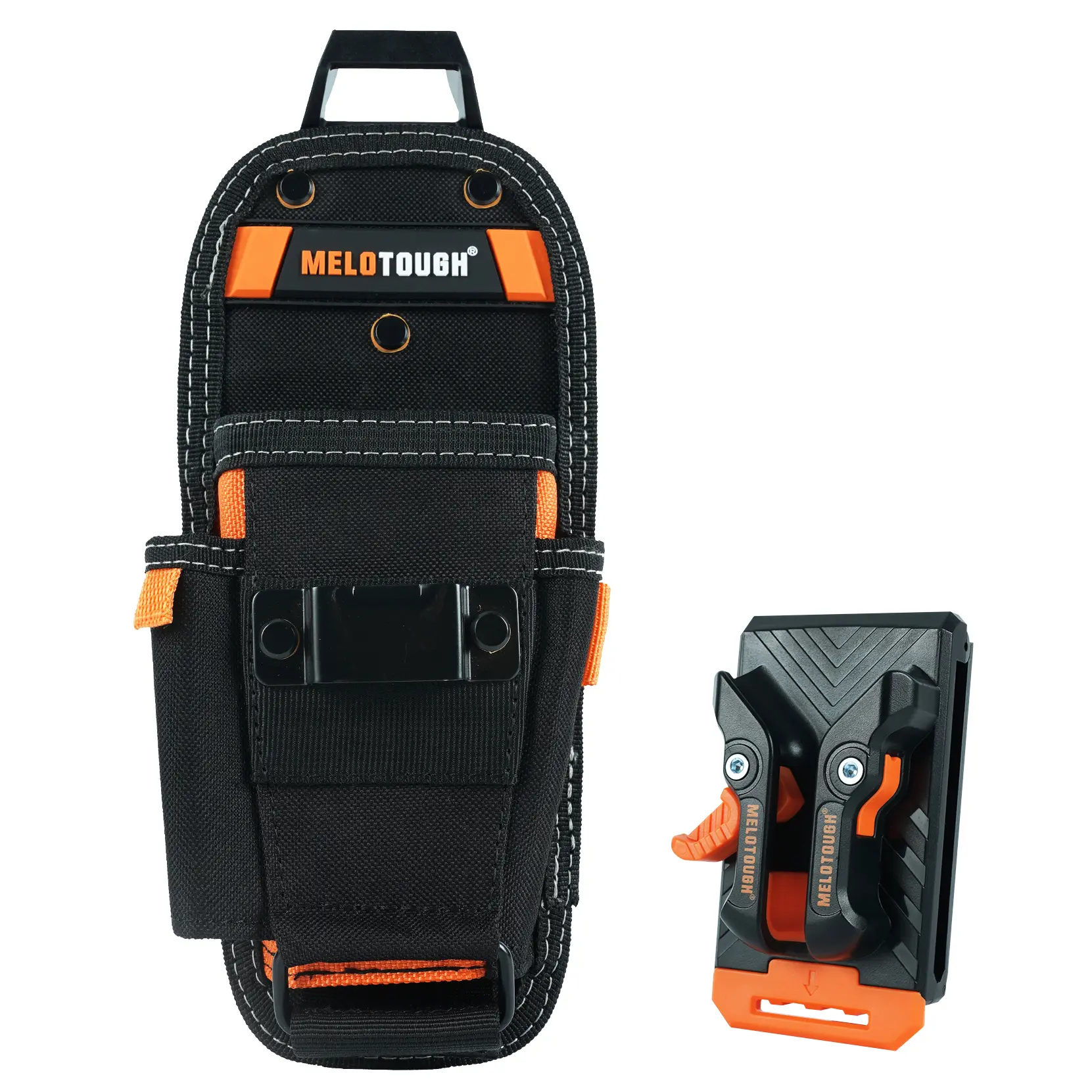 MELOTOUGH Small Heavy-Duty Tool Pouch, 600D Material Work Accessories with Quick-Release Belt Clip, 8 Pockets & Electrician Tape Holder for Technicians, Rugged Construction