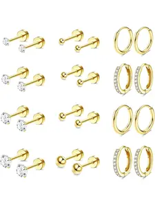 Classic 12 Pairs Golden Shining Zirconia Ear Studs Hoops Hypoallergenic 304 Surgical Stainless Steel Flat Back Earrings for Women Men for Sensitive Ears Small Stud Hoop Cartilage Earring Stack Set for Multiple Piercing Jewelry Hoop Earring Sets
