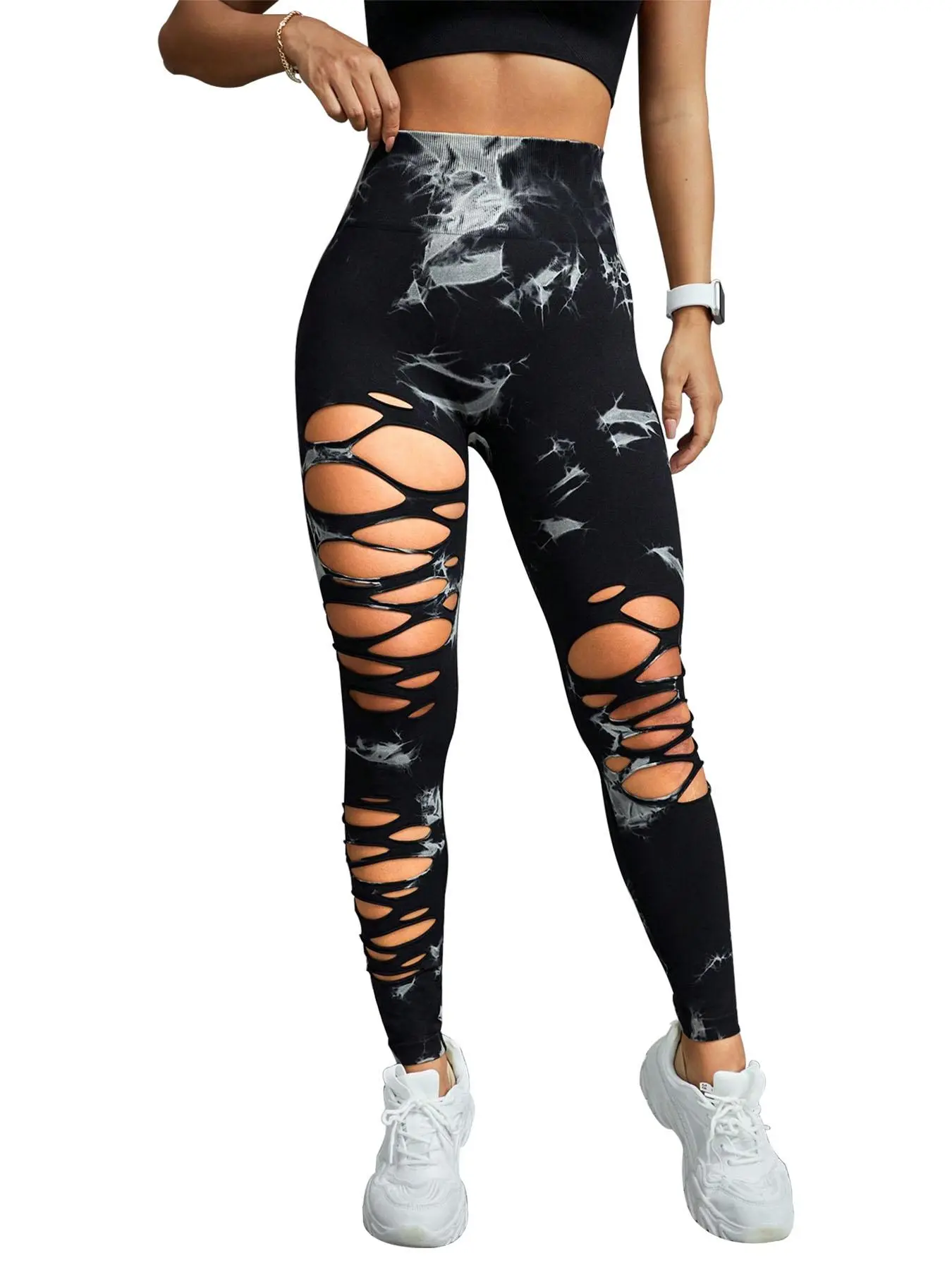 Women's Tie Dye Ripped Sports Leggings, Ribbed High-Waisted Tummy Control Workout Pants for Yoga, Gym & Athleisure Wear, Ribbed High-Waisted Tummy Control Women's Sports Leggings, Pants For Athletes, Body Goals, Gym Baddie, Womens Fitness, Sweaty Girl Sol