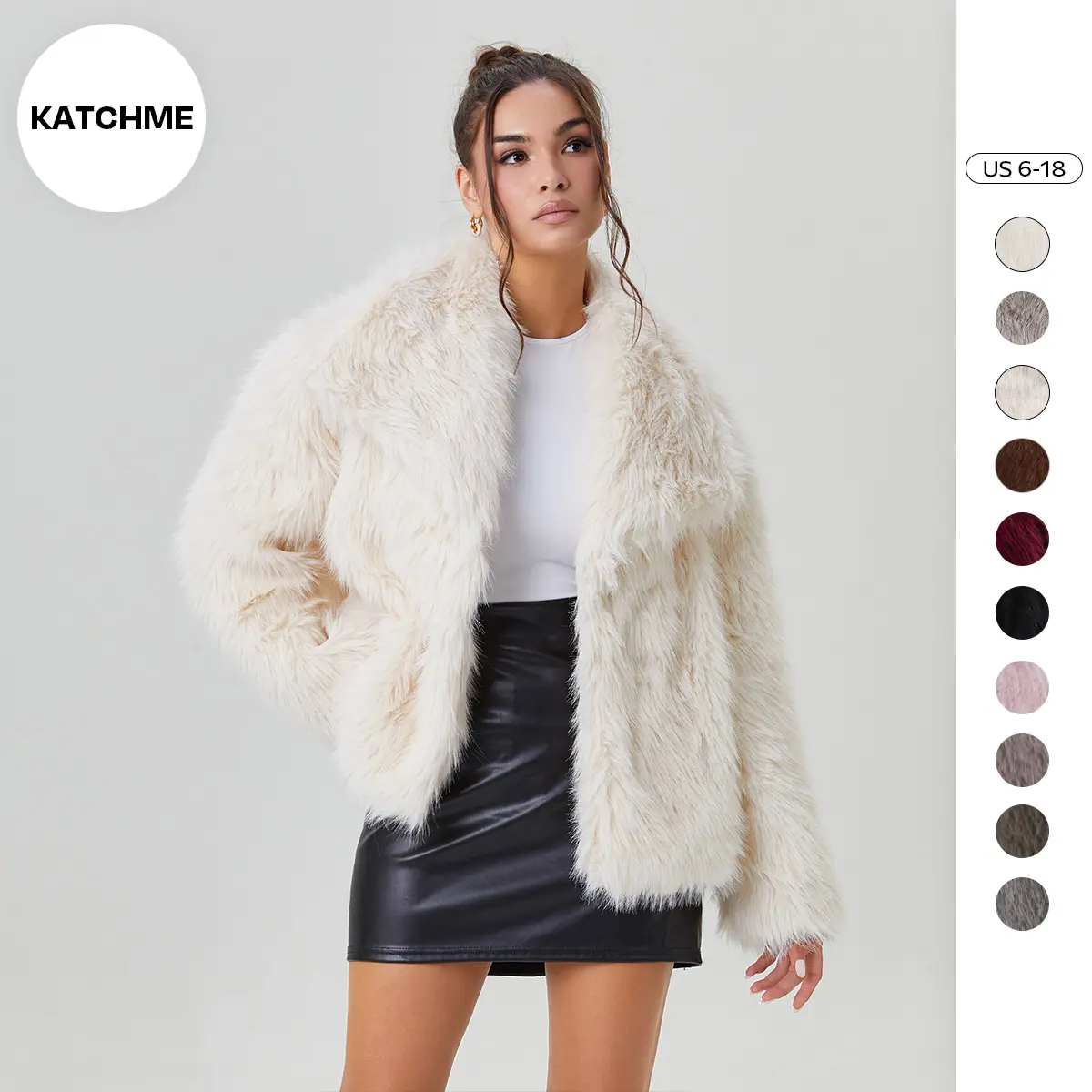 KatchMe Women's Leisure Oversized Solid Color Wide Lapel Snap Closure Fuzzy Thermal Outerwear, Fall & Winter Furry Long Sleeve Loose Faux Fur Outerwear