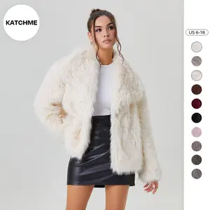 KatchMe Women's Leisure Oversized Solid Color Wide Lapel Snap Closure Fuzzy Thermal Outerwear, Fall & Winter Furry Long Sleeve Loose Faux Fur Outerwear