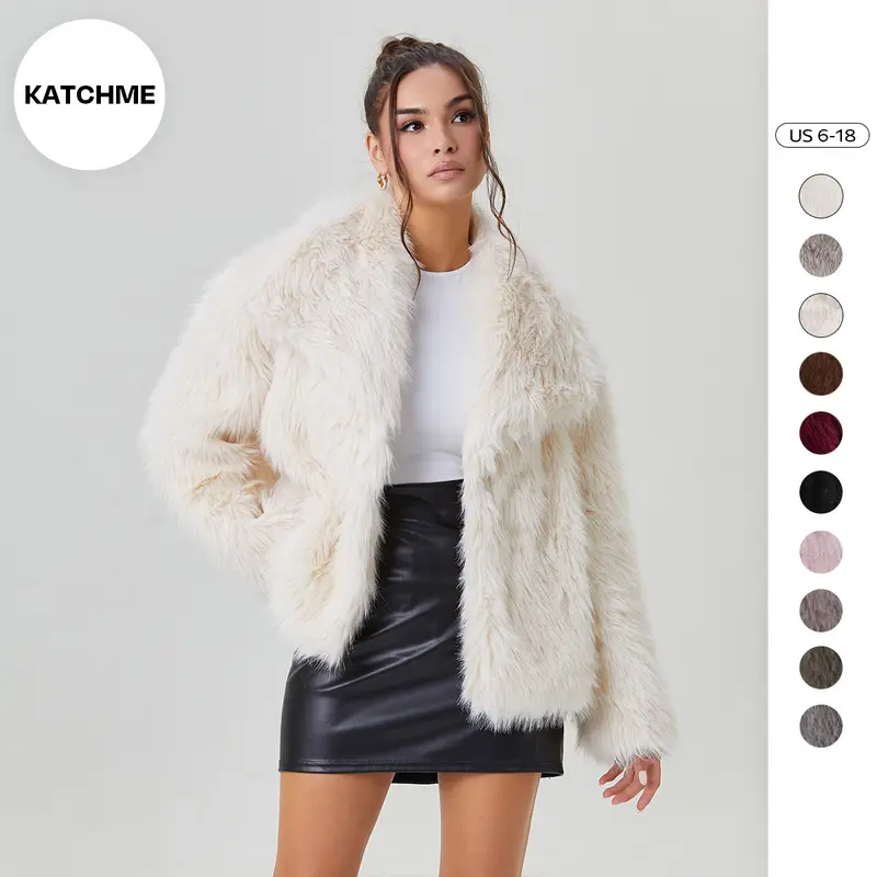 KatchMe Women's Leisure Oversized Solid Color Wide Lapel Snap Closure Fuzzy Thermal Outerwear, Fall & Winter Furry Long Sleeve Loose Faux Fur Outerwear