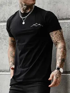 Men's Mountain Print Round Neck Tee, Casual Summer Clothes Street Regular Fit Short Sleeve T-shirt For Summer, Men's Clothes For Daily Wear