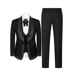 Men's 3-Piece Suit Set with Crystal Embellished Shawl Collar Blazer Vest & Trousers  Elegant Formal Attire for Banquets & Weddings
