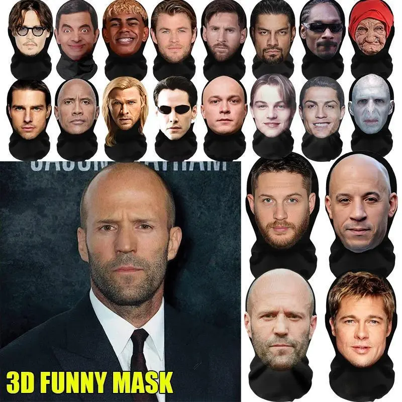 NEW 2026 3D Seamless Mask Funny Face Printed Head Scarf Celebrity Ice Silk Sunscreen Head Mask Halloween Cosplay Props