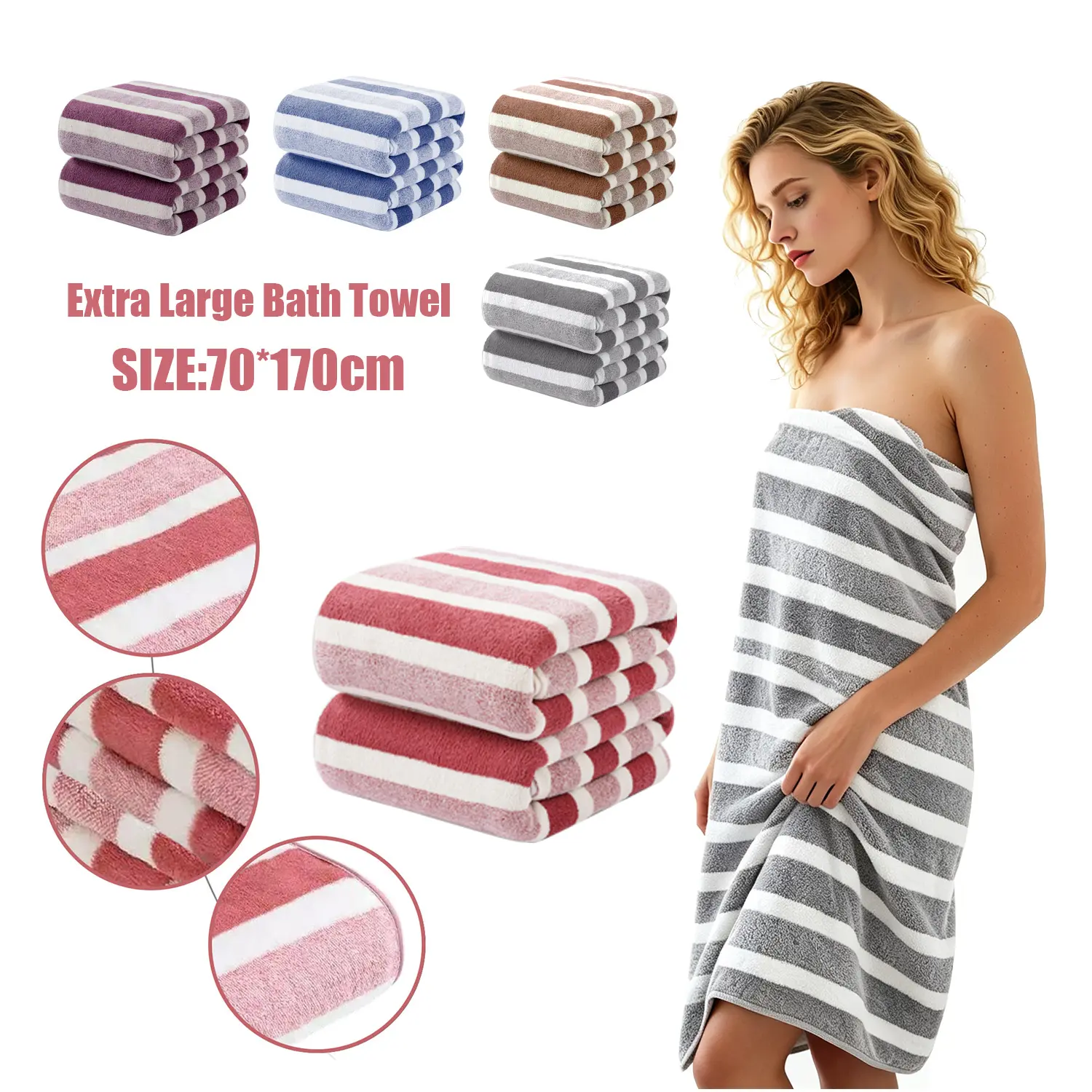 Microfiber Bath Towels 27'' x 60'' Oversized Size Bath Towel Highly Absorbent Extra Large Soft Drying for Beach Shower Summer Salon Sport Gym Party (Stripes) Quick Dry Towel Set