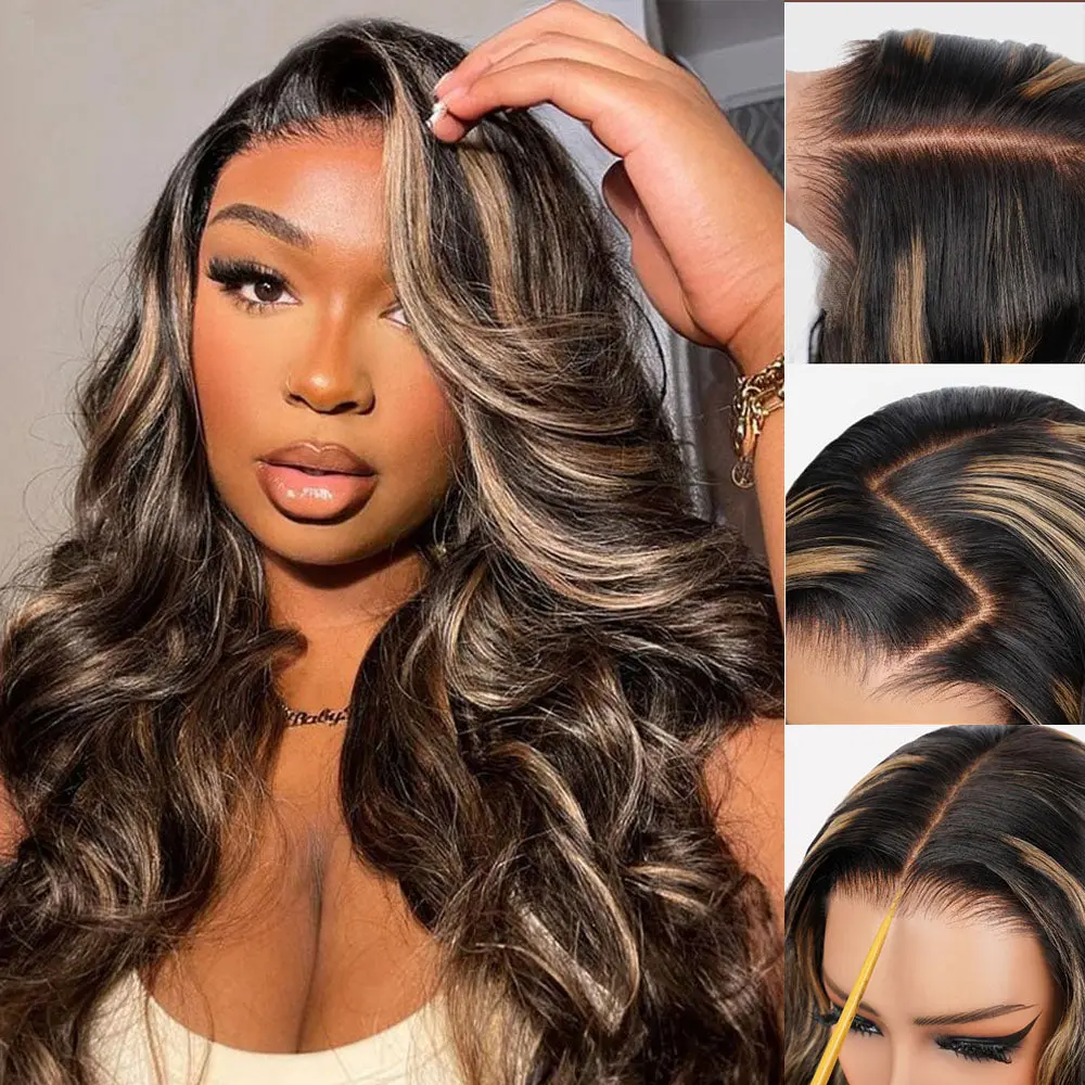 Megalook 13X6 Glueless Straight/Body Wave Lace Frontal Wig Highlight Balayage Pre-everything Tiny Knots HD Lace Wig Drawstring Band