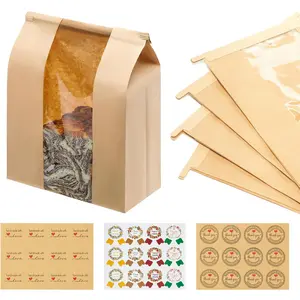 Large Kraft Paper Bread Loaf Bag with Tin Tie Tab Lock ，for Homemade Bread Loaf Bags，Sourdough Roti Pockets with Clear Front Window for Baked Food Packaging Storage