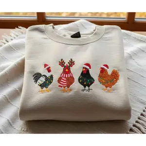 Embroidered Christmas Chickens Sweatshirt – Funny Farm Chicken Holiday Crewneck, Cute Xmas Gift