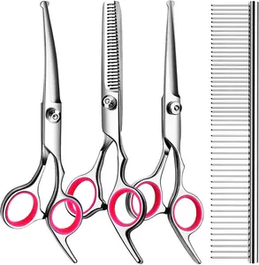 TINMARDA Dog Grooming Kit, Professional Stainless Steel Dog Grooming Scissors with Curved Shears, Pink Finger Rings - 4 Piece Sharp Durable Pet Shears for Dogs Cats At Home Salon-Quality Grooming