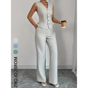 Women’s two-piece solid-color vest jacket and straight-leg pants set, everyday casual fashion set, all-season women’s clothing, setGARMENTARY
