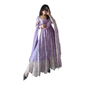 Anarkali Set - Powder Blue with Gold Embellishments & Sheer Dupatta for Weddings & Special Occasions - Fits 4-5 Feet 4 Inches - Size Based on Bust