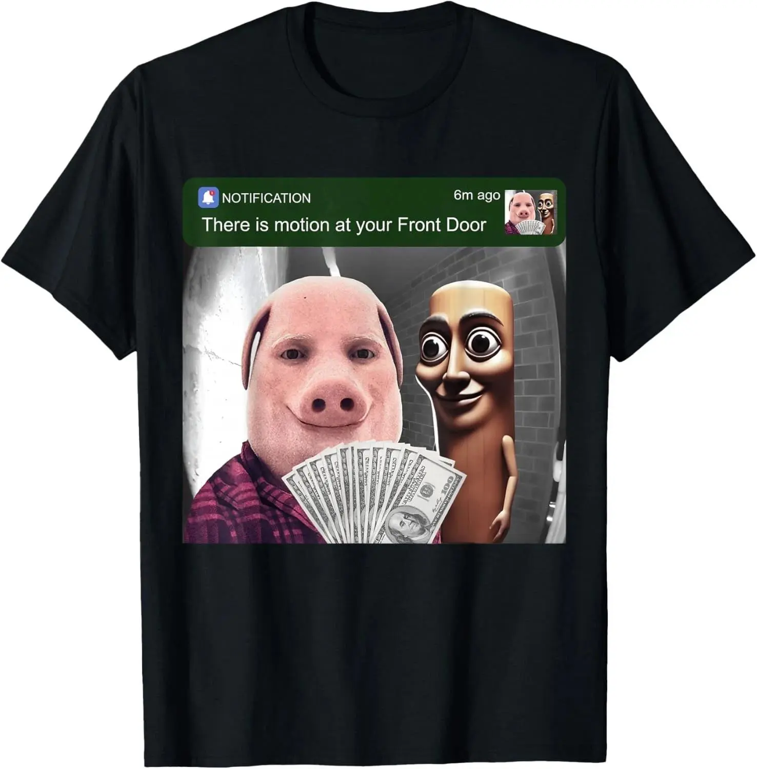 Unisex John Pork and Tung Sahur T-Shirt | Funny Doorbell Notification Graphic Tee | Absurd Virtual Influencer Stickman Character Meme Clothes for Men Women