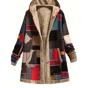Women'S Plush Printed Hooded Jacket - Cozy Long Sleeve Casual Outerwear with Flap Pockets, Geometric Pattern, Polyester, Fall/Winter Wear, Casual Weekend Jacket |     Geometric Pattern Jacket |     Soft Texture Jacket