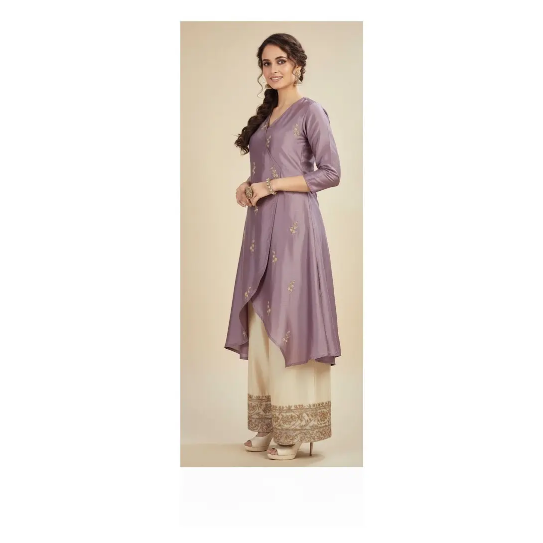 Mauve Embellished Asymmetrical satin-sheen  Kurta with Ivory Palazzo with ornate lace hem Set #KAI1004